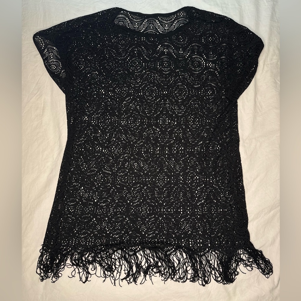 Swim Coverup Top / Dress / Crochet with Fringe Bottom / Black / X-Large / Design - Picture 2 of 6